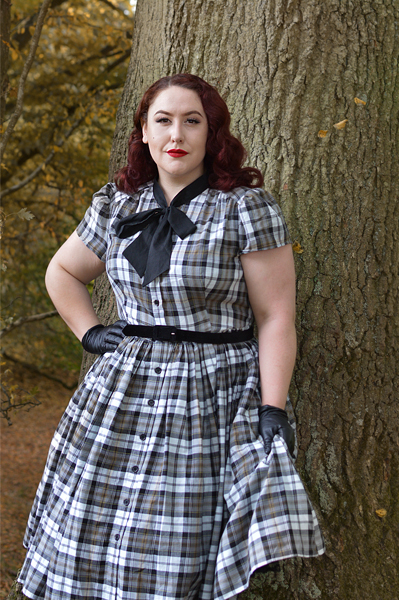 Unique Vintage plus size green hooded Stevie cape Grey Plaid button up 1950s dress pussybow neck tie Miss Amy May