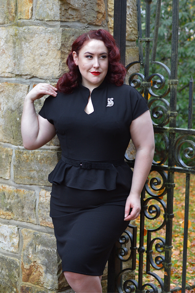 40s Lana Peplum Dress in Black Stretch Crepe by The House of Foxy Miss Amy May plus size curvy pinup Made in Britain