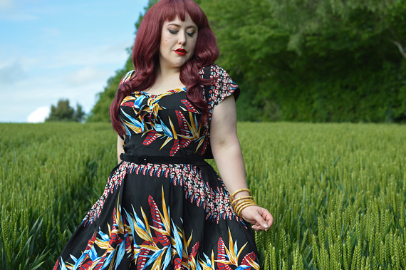 Black tropical Hawaiian Bird of Paradise Kalani swing dress Ronnie Bolero gifted by Unique Vintage x Kamehameha fit sizing review plus size pinup Miss Amy May