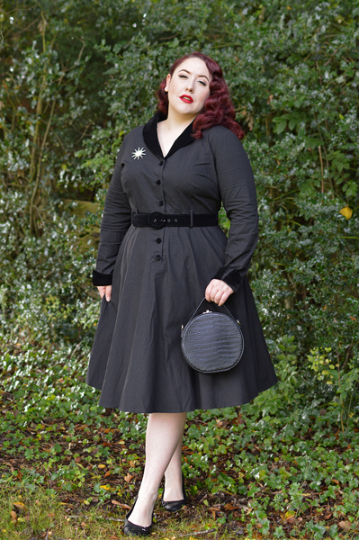 Collectif clothing Lacey black vintage swing dress velvet trim fit size review plus size pinup Miss Amy May