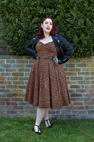 Plus size pinup Miss Amy May wears the Leopard Print Scarlett dress by Alexandra King for Deadly is the Female for a fit size review