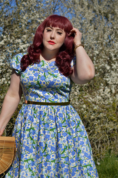 Plus size pinup Miss Amy May models the Collectif clothing Demira Dreamy Floral dress for a fit and size review