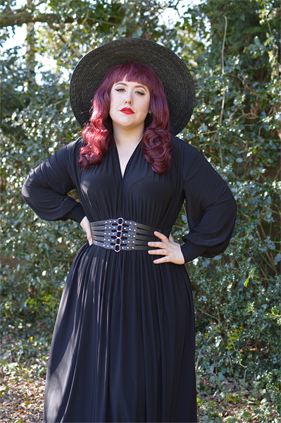 Plus size pinup Miss Amy May models the Black Claudia Maxi Gown by Alexandra King for Deadly is the Female to showcase styling it 3 different ways