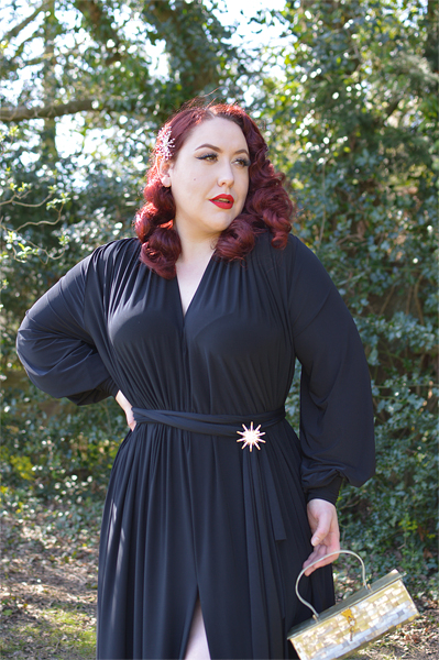 Plus size pinup Miss Amy May models the Black Claudia Maxi Gown by Alexandra King for Deadly is the Female to showcase styling it 3 different ways