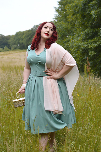 Plus size pinup Miss Amy May models the Korinna-Minty dress gifted by Miss Candyfloss for a fit and size review