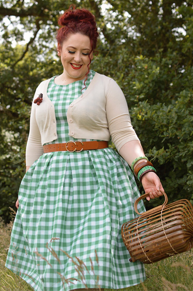 Plus size pinup Miss Amy May models the Annie Green gingham dress gifted by Dolly & Dotty for a fit and size review