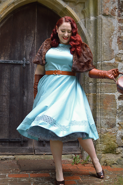 Plus size pinup Miss Amy May models the Baby Blue Tessa Tess dress by Dolly & Dotty for a fit and size review