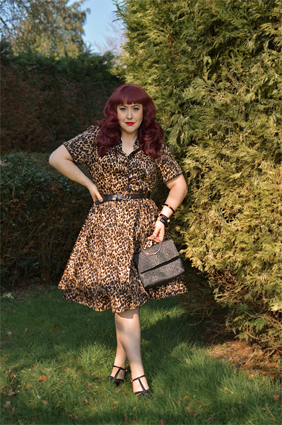 Plus size pinup Miss Amy May models the leopard print Penelope diner shirt dress by Dolly & Dotty for a fit and size review