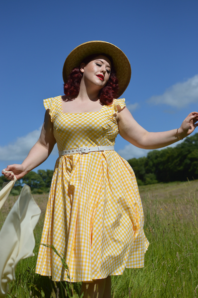 Plus size pinup Miss Amy May models the Elsie yellow gingham swing dress by The Pretty Dress company for a fit and size review