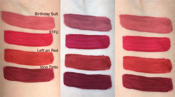 Sleek Matte Me XXL liquid lipstick arm swatches Birthday Suit, STFU, Left on Red, Vino Tinto