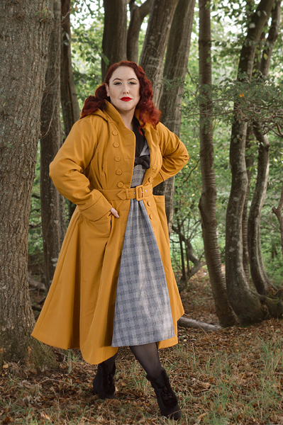 Plus size pinuo Miss Amy May models the Lucinda-Marigold coat by Miss Candyfloss for a fit and size review