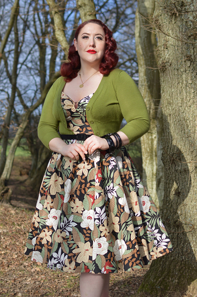 Plus size pinup Miss Amy May models the Adelaida dress by Hell Bunny for a fit and size review