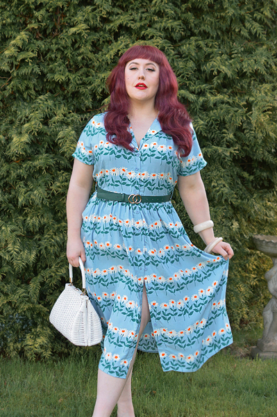 Plus size pinup Miss Amy May models the Forget-Me-Not stripe Carly dress by Horrockses Fashions x Joanie Clothing for a fit and size review