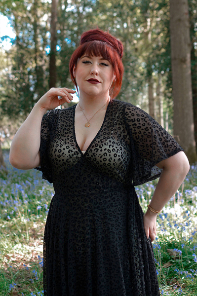 Plus size pinup Miss Amy May models the Black Leopard Flocked Mesh Lydia dress gown by Wax Poetic Clothing for a fit and size review