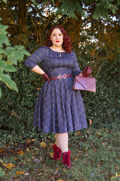 Plus size pinup Miss Amy May models the Anna Check Swing Dress by Hearts and Roses London for a fit and size review