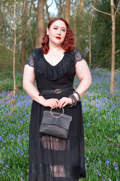 Plus size pinup Miss Amy May models the Mortem Maxi dress by Hell Bunny for a fit and size review